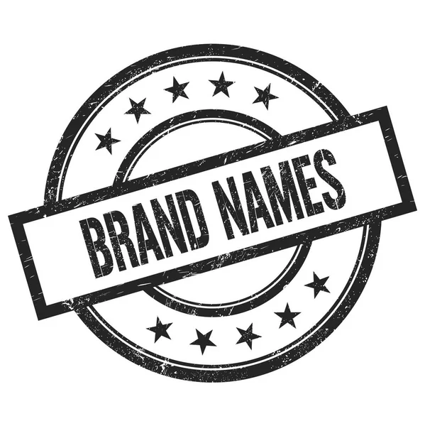 Brand Ονοματα Κείμενο Γραμμένο Μαύρο Στρογγυλό Vintage Καουτσούκ Σφραγίδα — Φωτογραφία Αρχείου
