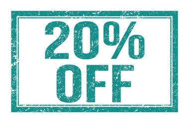 % 20 indirimli, mavi dikdörtgen mühür işareti üzerine yazılmış kelimeler