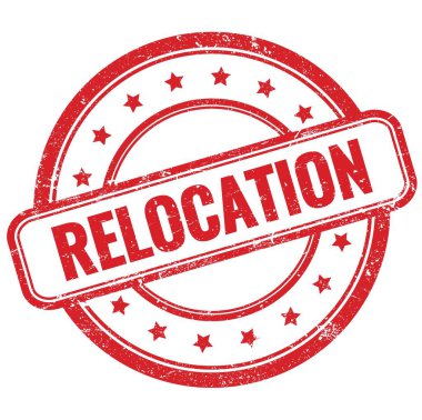 Kauçuk damgalı kırmızı antika grungy üzerine RELOCATION metni.