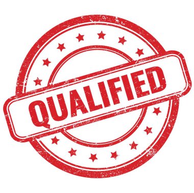 Kalifiye edilmiş kırmızı vintage grungy yuvarlak kauçuk damga metni.