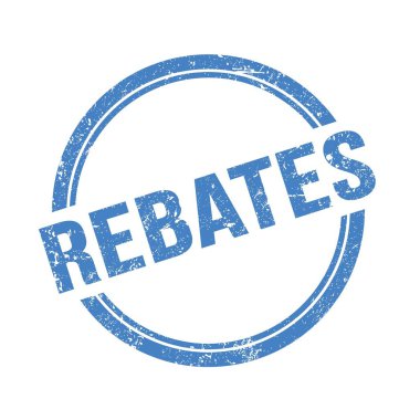 Mavi grungy vintage yuvarlak pul üzerine yazılmış REBATES metni.