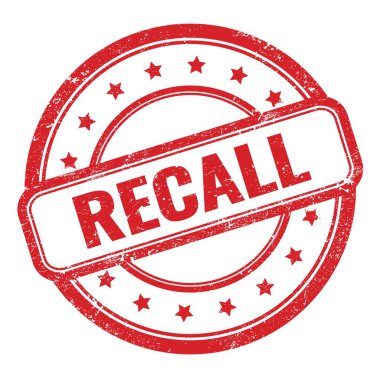 Kırmızı, iğrenç, eski, yuvarlak, lastik damga üzerindeki RECall metni.