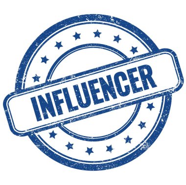 Mavi vintage grungy yuvarlak kauçuk damga üzerinde INFUENCER metin.