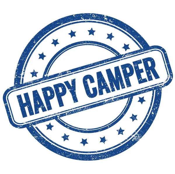 Happy Camper关于蓝色复古橡胶邮票的文字 — 图库照片