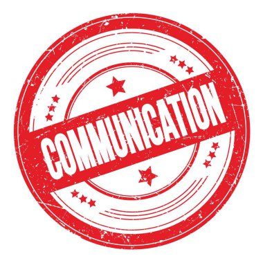 Kırmızı yuvarlak grungy doku damgası üzerine COMUNICATION metni.