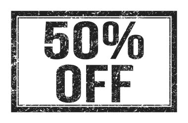 % 50 indirimli, siyah dikdörtgen üzerine yazılmış kelimeler.