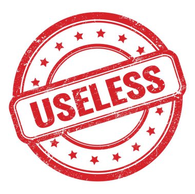 Kırmızı grungy vintage yuvarlak kauçuk damga üzerinde yararsız metin.