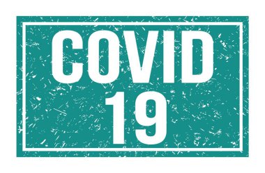COVID 19, mavi dikdörtgen mühür işareti üzerine yazılmış kelimeler