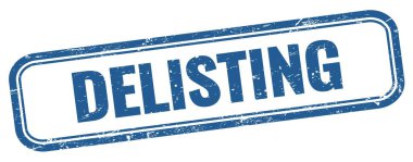 Mavi grungy vintage dikdörtgen damga üzerindeki DELISTING metin.
