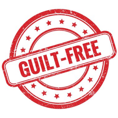 Kırmızı, eski, kirli, yuvarlak, lastik damgalı GUILT-FREE metni.