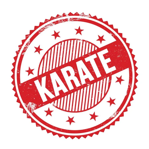 Karate Testo Scritto Rosso Grungy Zig Zag Bordi Timbro Rotondo — Foto Stock