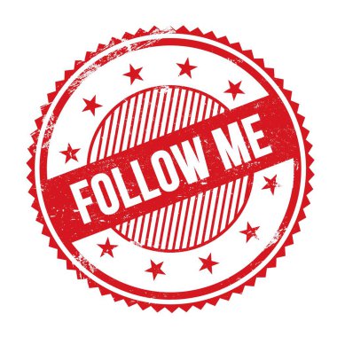 Kırmızı grungy zig zag kenarlarında yazılmış FOLLOW ME metni yuvarlak pul.