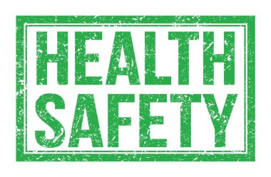 SAĞLIK GÜVENLİK, yeşil dikdörtgen mühür üzerine yazılmış kelimeler