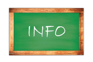 INFO metni yeşil ahşap çerçeve okul tahtasına yazılmış.