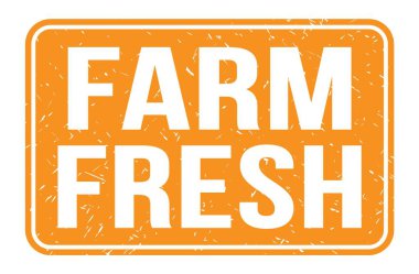 FARM FRESH, turuncu dikdörtgen mühür işareti üzerine yazılmış kelimeler