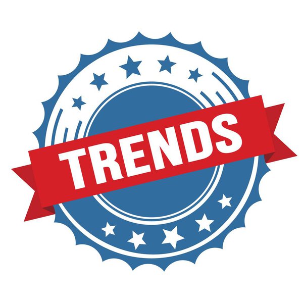TRENDS text on red blue ribbon badge stamp.