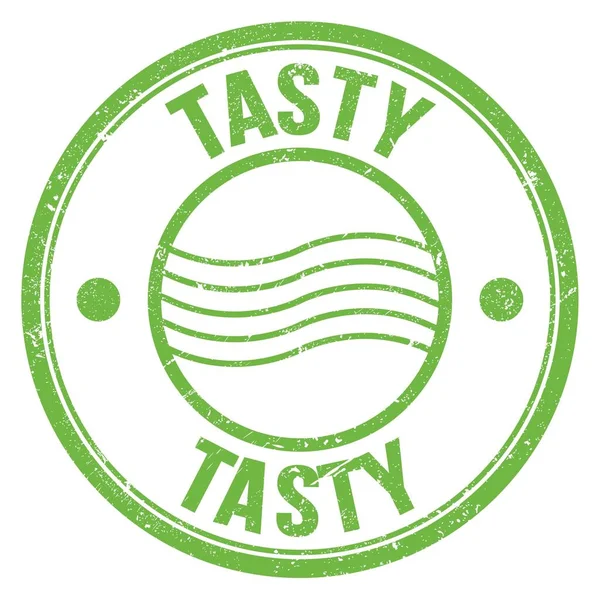 Tasty Mot Écrit Sur Vert Rond Timbre Postal Signe — Photo