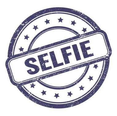 SELFIE 'nin çivit mavisi, grungy vintage, yuvarlak kauçuk damga üzerindeki metni.