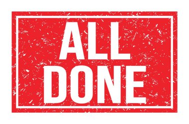 Hepsi bitti, kırmızı dikdörtgen damga işareti üzerine yazılmış kelimeler