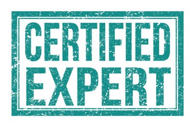 CERTIFED Uzmanı, mavi dikdörtgen mühür işareti üzerine yazılmış kelimeler