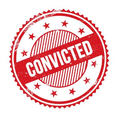 Kırmızı grungy zig zag kenarları üzerine yazılmış CONVICTED metni yuvarlak pul.
