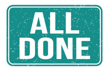 Hepsi bitti, mavi dikdörtgen damga işareti üzerine yazılmış kelimeler