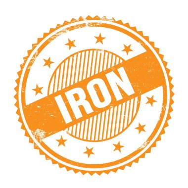 Turuncu grungy zig zag kenarları üzerine yazılmış IRON metni yuvarlak pul.