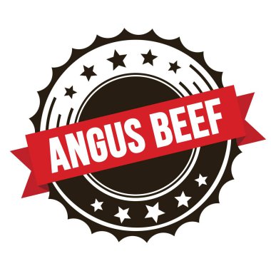 Kırmızı kahverengi kurdele damgalı ANGUS BEEF metni.