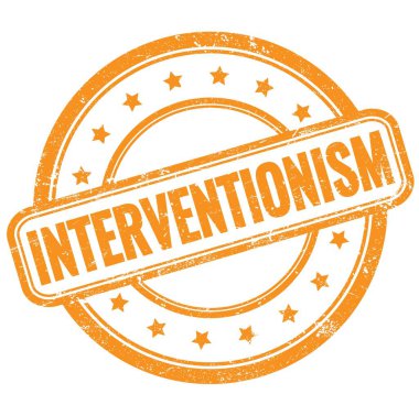 Turuncu, eski, pasaklı, yuvarlak kauçuk damgalı INTERVENTIONISM metni.