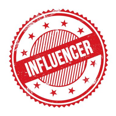 Kırmızı grungy zig zag kenarları yuvarlak mühür üzerine yazılmış INFLUENCER metin.