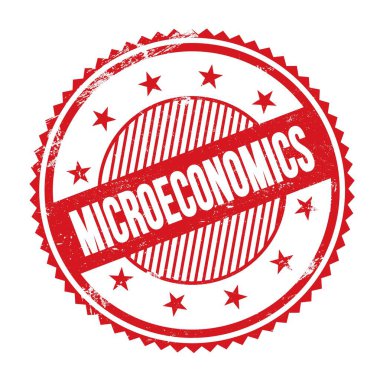 Kırmızı grungy zig zag kenarlarında yazılmış MICROECONOMICS metni yuvarlak pul.