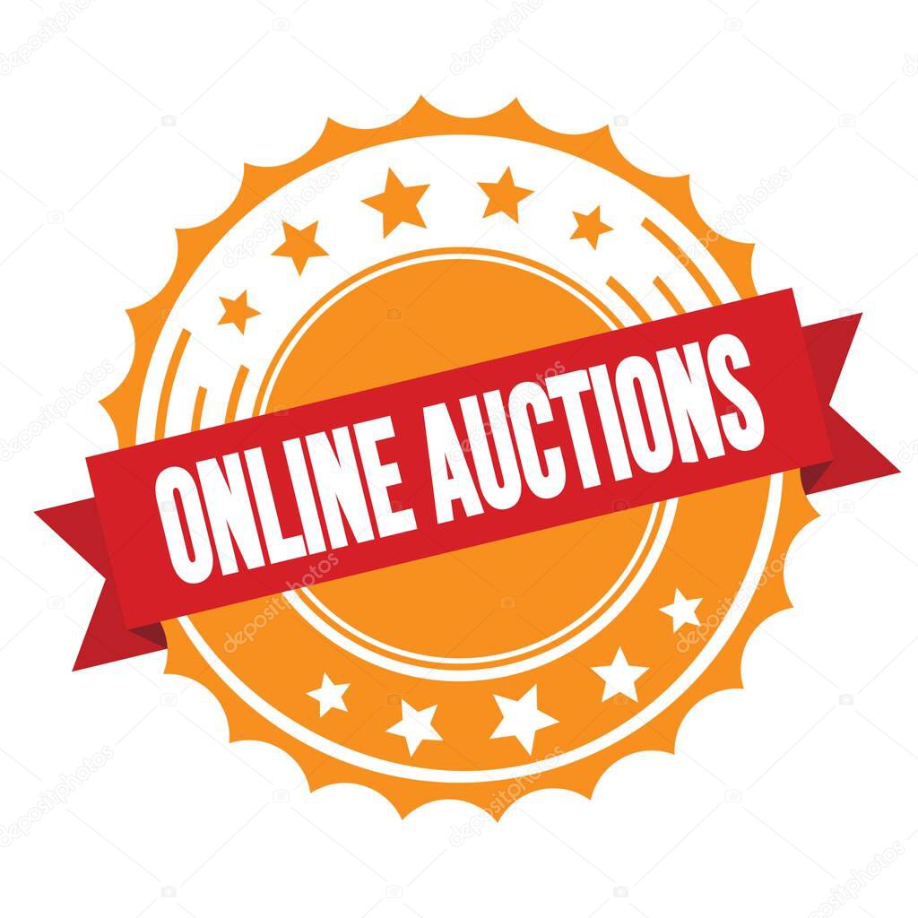ONLINE AUCTIONS text on red orange ribbon badge stamp.