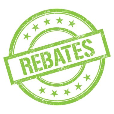 Yeşil yuvarlak vintage kauçuk damgalı REBATES metni.