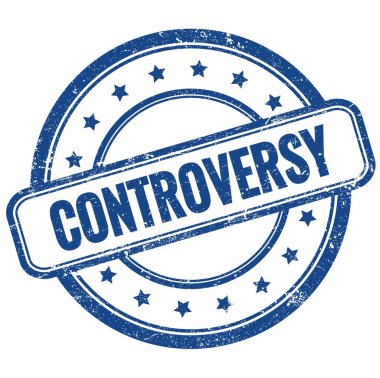 Mavi, eski, pasaklı, yuvarlak, lastik damgalı ContrROVERSY metni.
