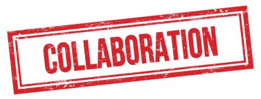 Kırmızı grungy vintage dikdörtgen pulu üzerindeki COLLABORATION metni.