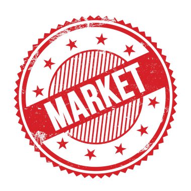 Kırmızı grungy zig zag kenarları yuvarlak mühür üzerine yazılmış MARKET metni.