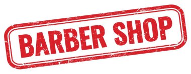 Kırmızı grungy dikdörtgen damgalı BARBER mağaza metni.
