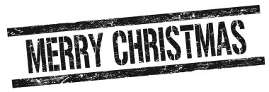 Koyu kırmızı dikdörtgen damgalı Mutlu Noeller metni.
