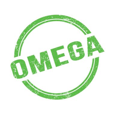 Yeşil grungy vintage yuvarlak pulu üzerine yazılmış OMEGA metni.