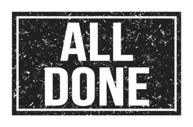 Hepsi bitti, siyah dikdörtgen damga işareti üzerine yazılan kelimeler