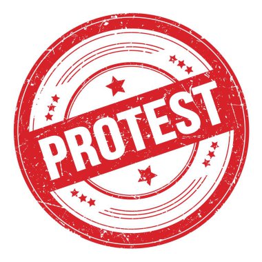 Kırmızı yuvarlak grungy doku damgası üzerine PROTEST metni.