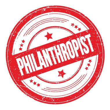 Kırmızı yuvarlak kirli doku damgası üzerine PHILANTHROPIST metin.