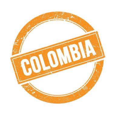 Turuncu grungy, yuvarlak vintage pullu COLOMBIA metni.