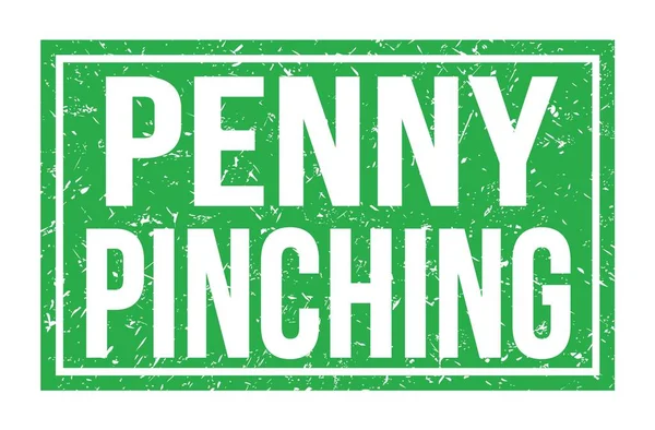 PENNY PINCHING, yeşil dikdörtgen mühür işareti üzerine yazılmış kelimeler