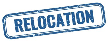 Mavi grungy vintage dikdörtgen damgalı RElokasyon metni.