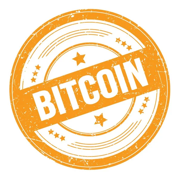 Bitcoin Texto Naranja Ronda Grungy Textura Sello — Foto de Stock