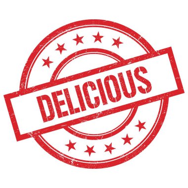 Kırmızı, yuvarlak, lastik damga üzerine yazılmış DELICIOUS metin.