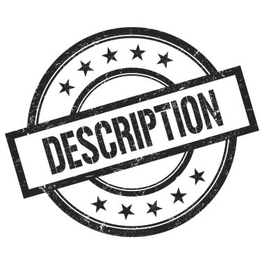 DESCRIPTION metin siyah yuvarlak vintage kauçuk damga üzerine yazılmış.