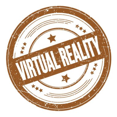 Kahverengi yuvarlak dokuma damgası üzerine VIRTUAL Gerçekçilik metni.
