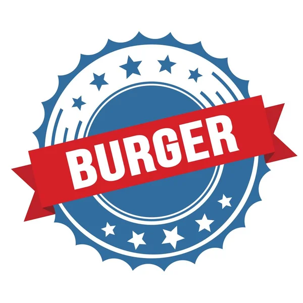 Burger Texte Sur Timbre Insigne Ruban Bleu Rouge — Photo